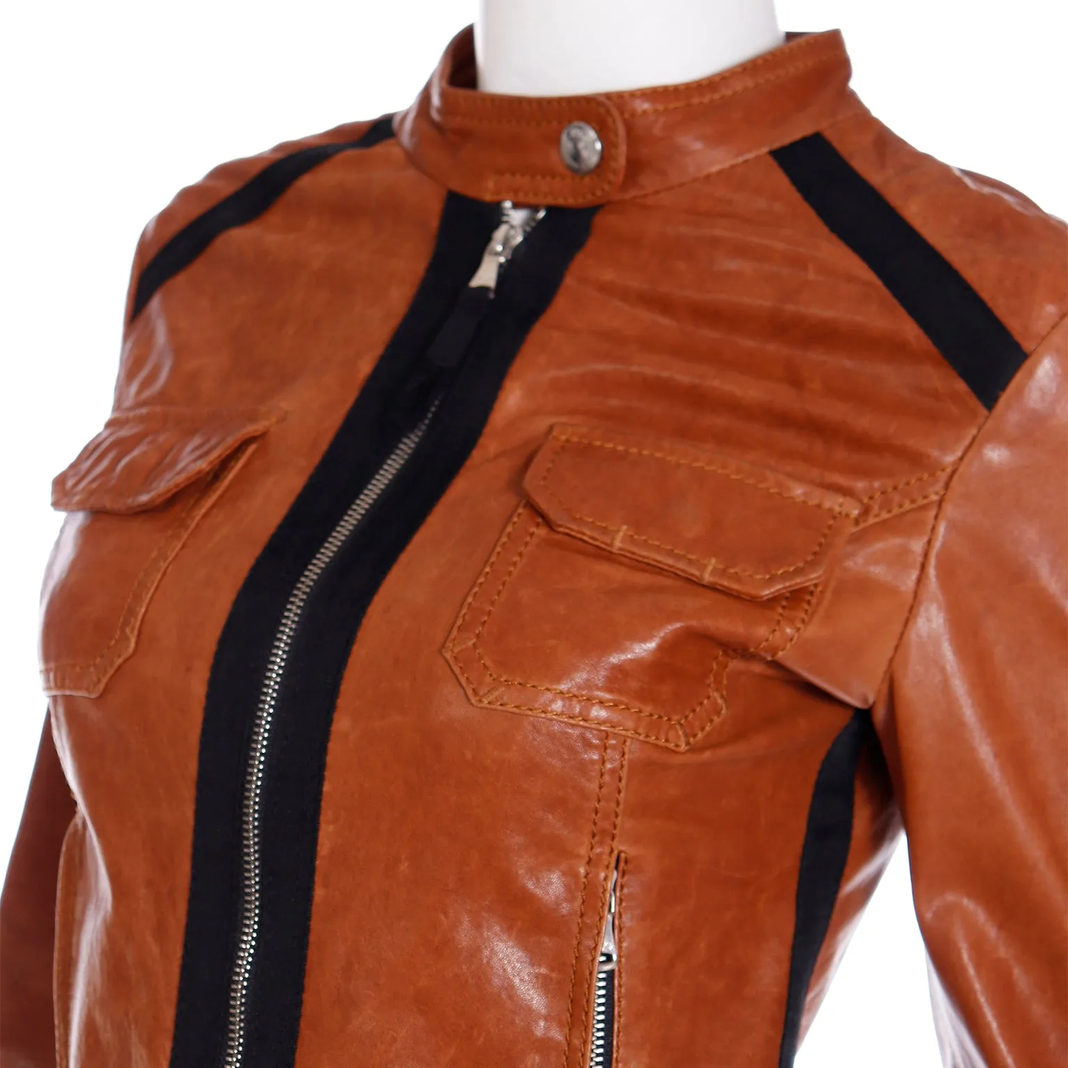 2000s D&G Dolce & Gabbana Brown Lamb Leather Jacket w Black Trim
