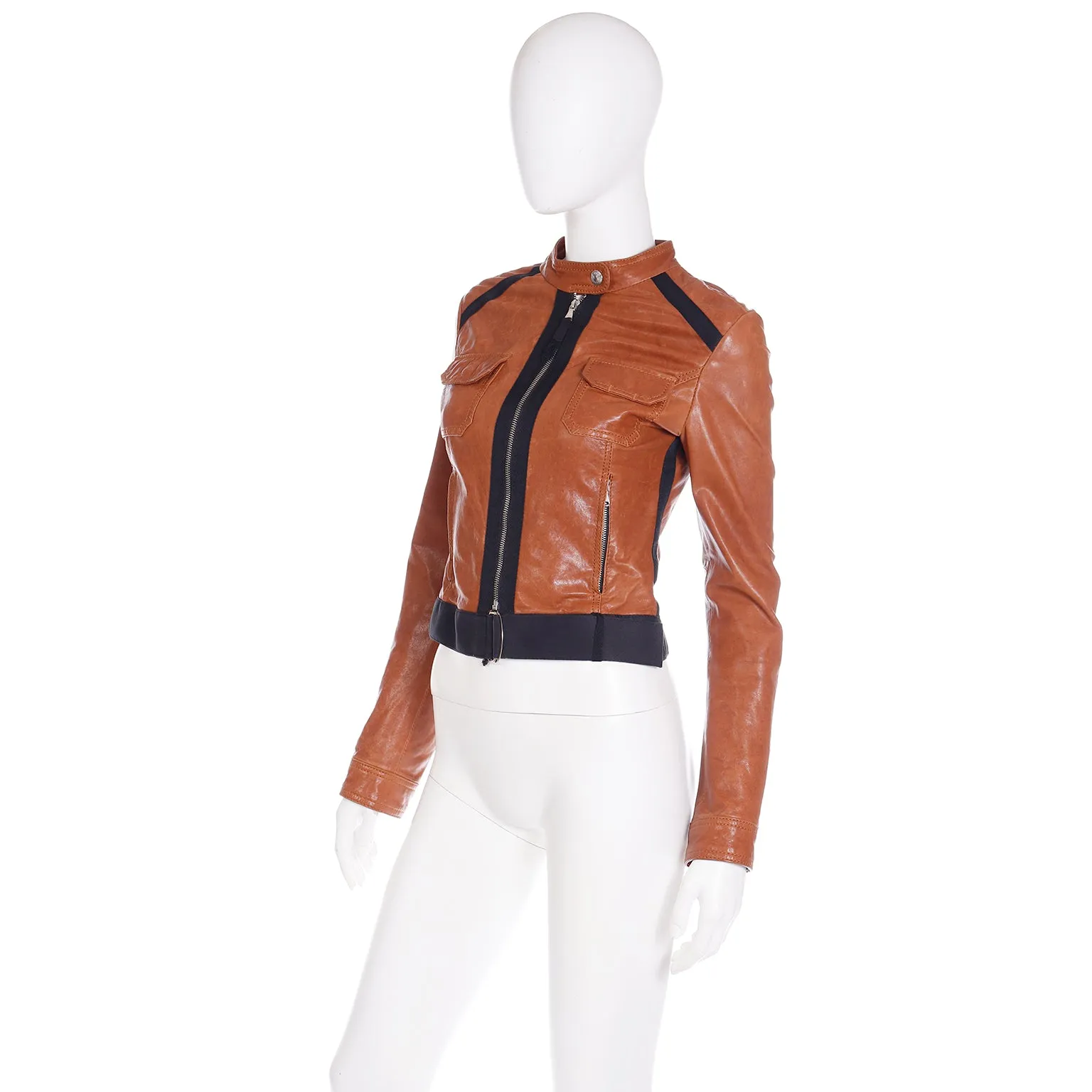 2000s D&G Dolce & Gabbana Brown Lamb Leather Jacket w Black Trim