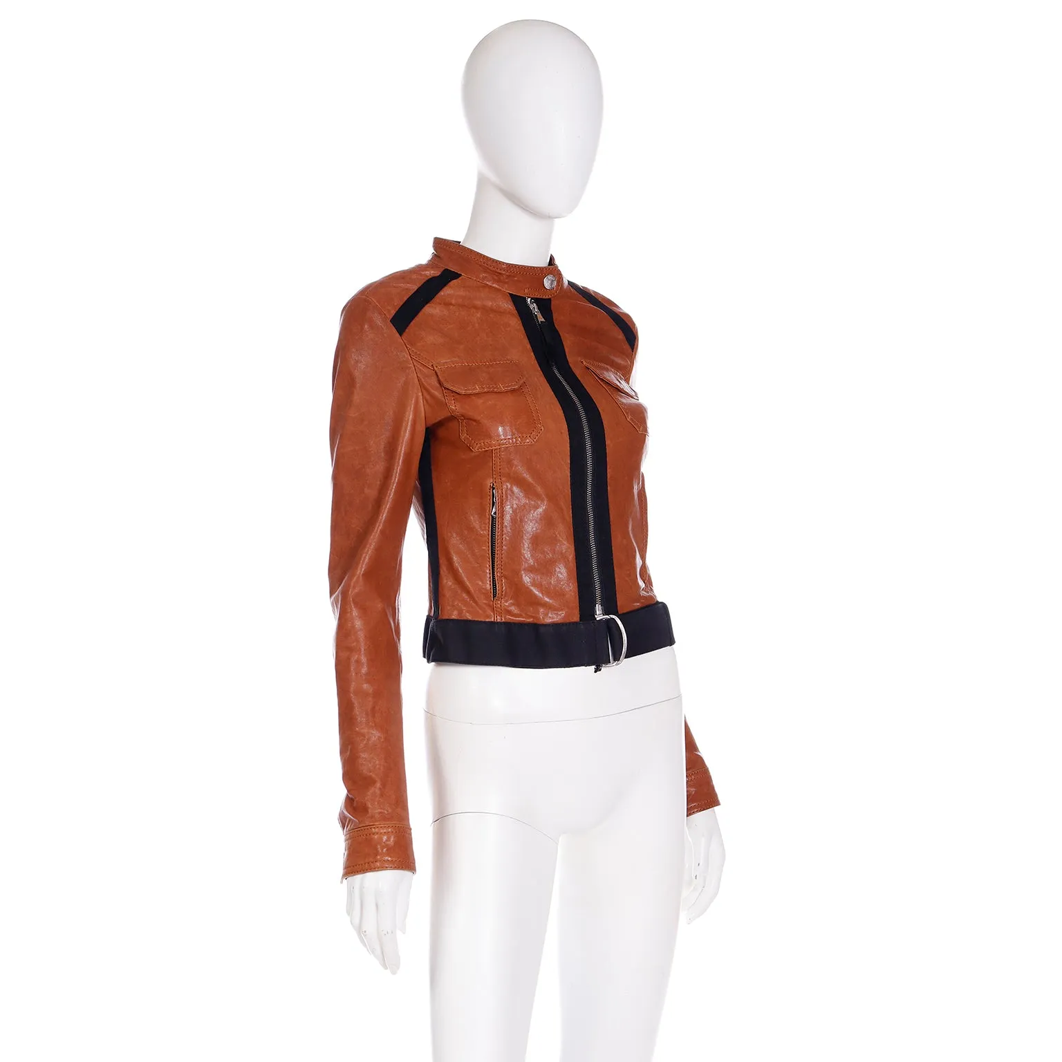 2000s D&G Dolce & Gabbana Brown Lamb Leather Jacket w Black Trim