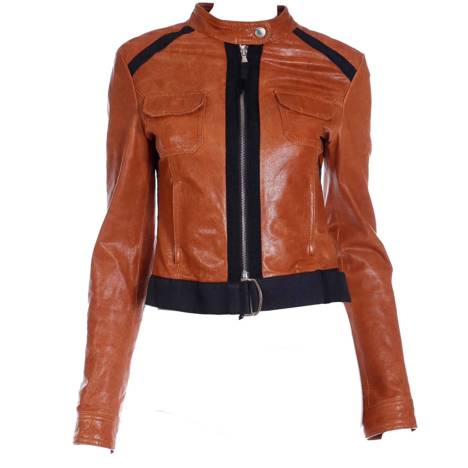 2000s D&G Dolce & Gabbana Brown Lamb Leather Jacket w Black Trim