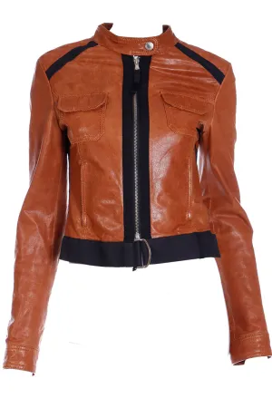 2000s D&G Dolce & Gabbana Brown Lamb Leather Jacket w Black Trim
