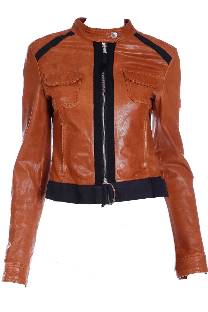 2000s D&G Dolce & Gabbana Brown Lamb Leather Jacket w Black Trim