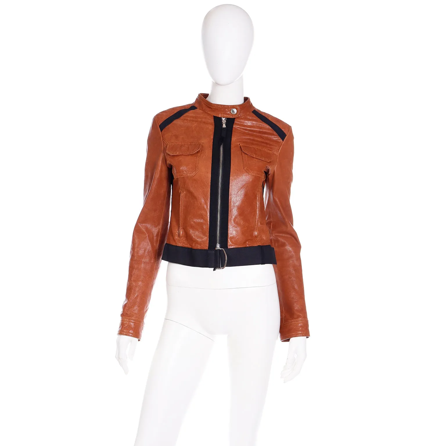2000s D&G Dolce & Gabbana Brown Lamb Leather Jacket w Black Trim