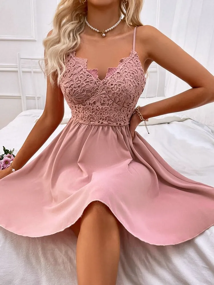 2022 Spring Summer New High Waist Lace Pink Chic Dress