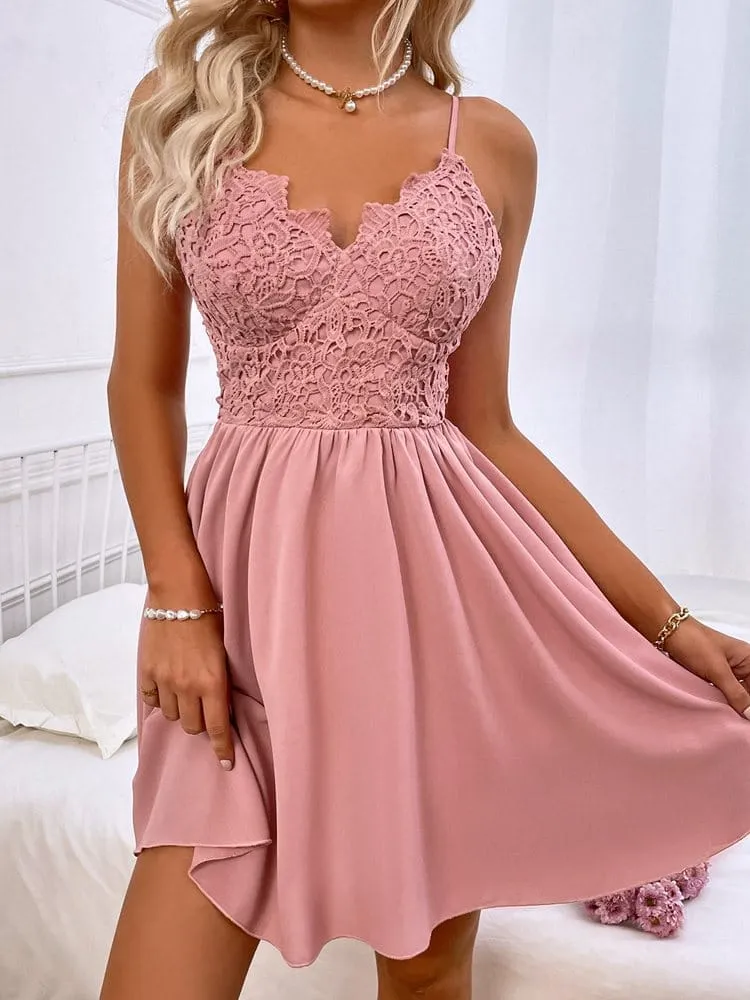2022 Spring Summer New High Waist Lace Pink Chic Dress
