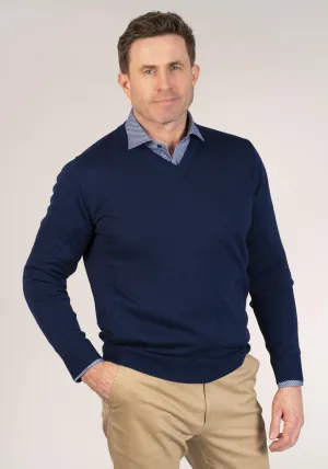 50/50 Fine Merino Wool & Acrylic V-Neck Knit - Navy