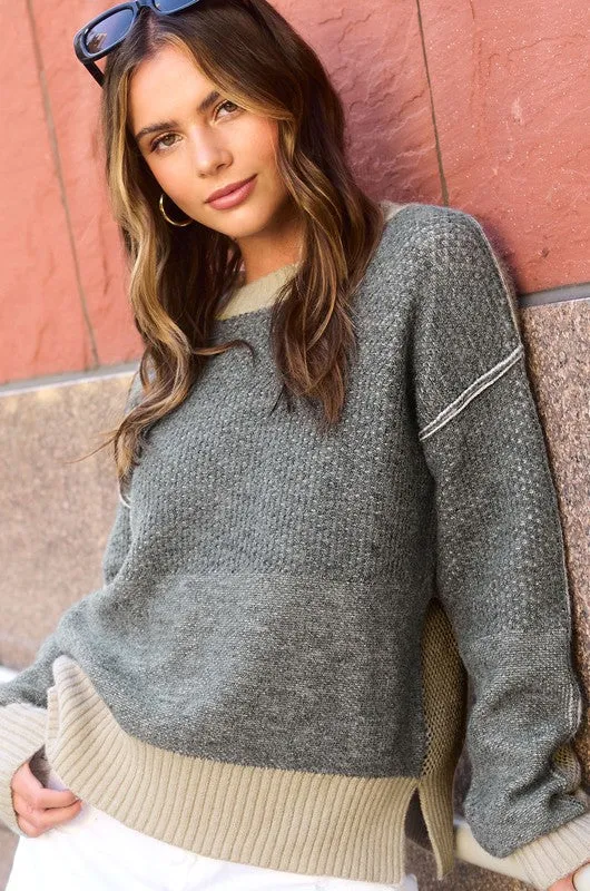 A Cut Above Black Color Block Slit Hem Sweater