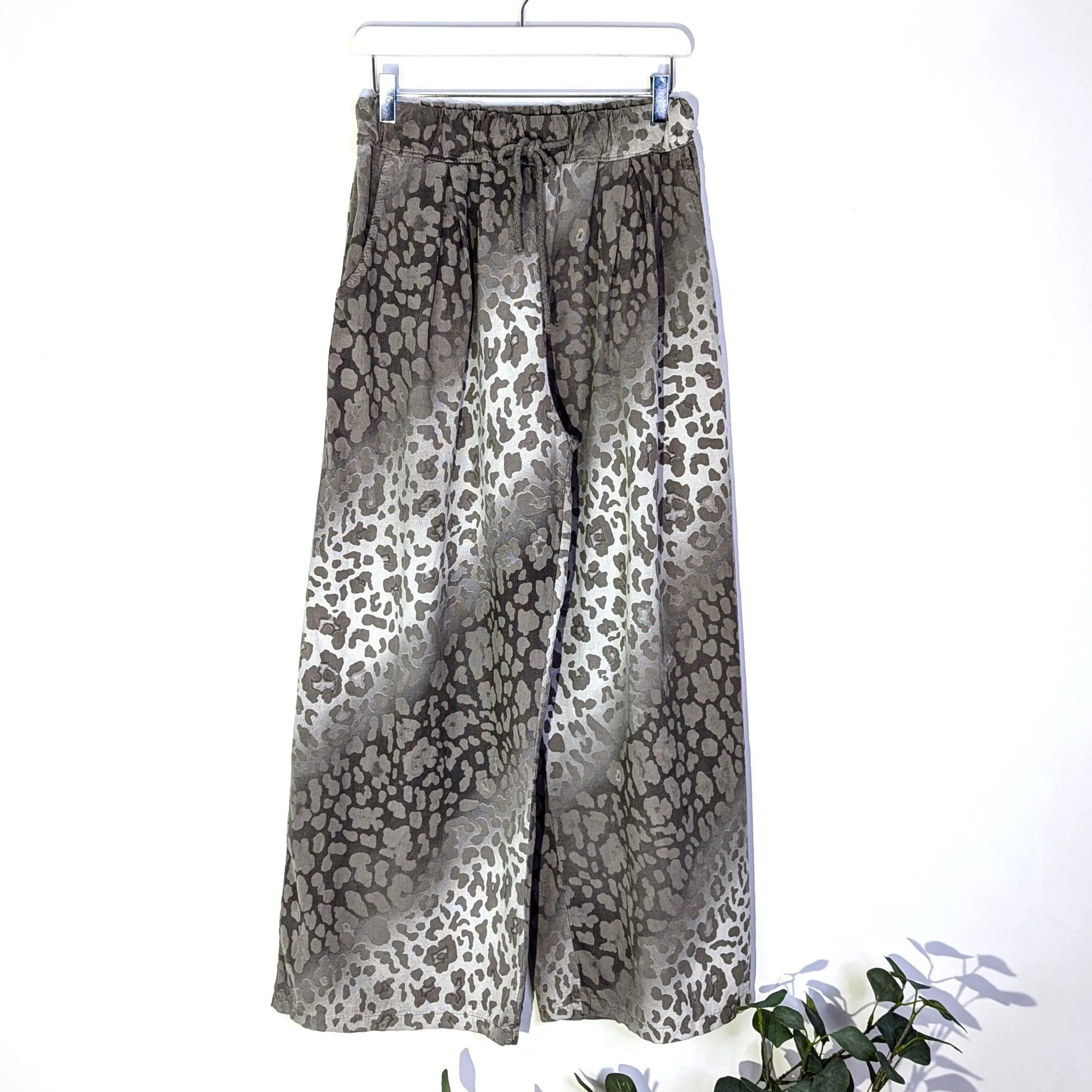 Animal print fine soft corduroy relaxed fit trousers