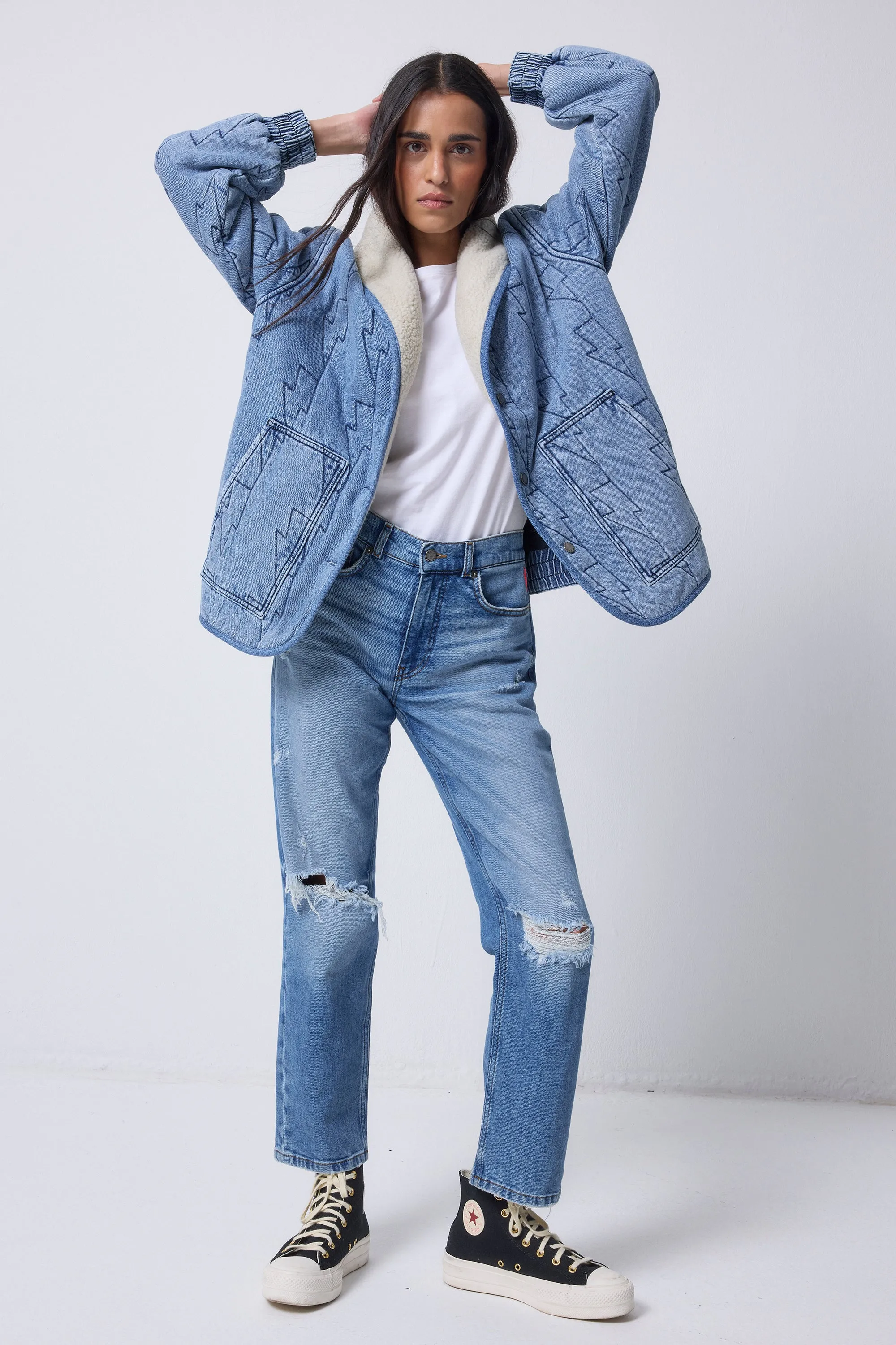 Authentic Indigo Denim with Borg Quilted Bomber Jacket