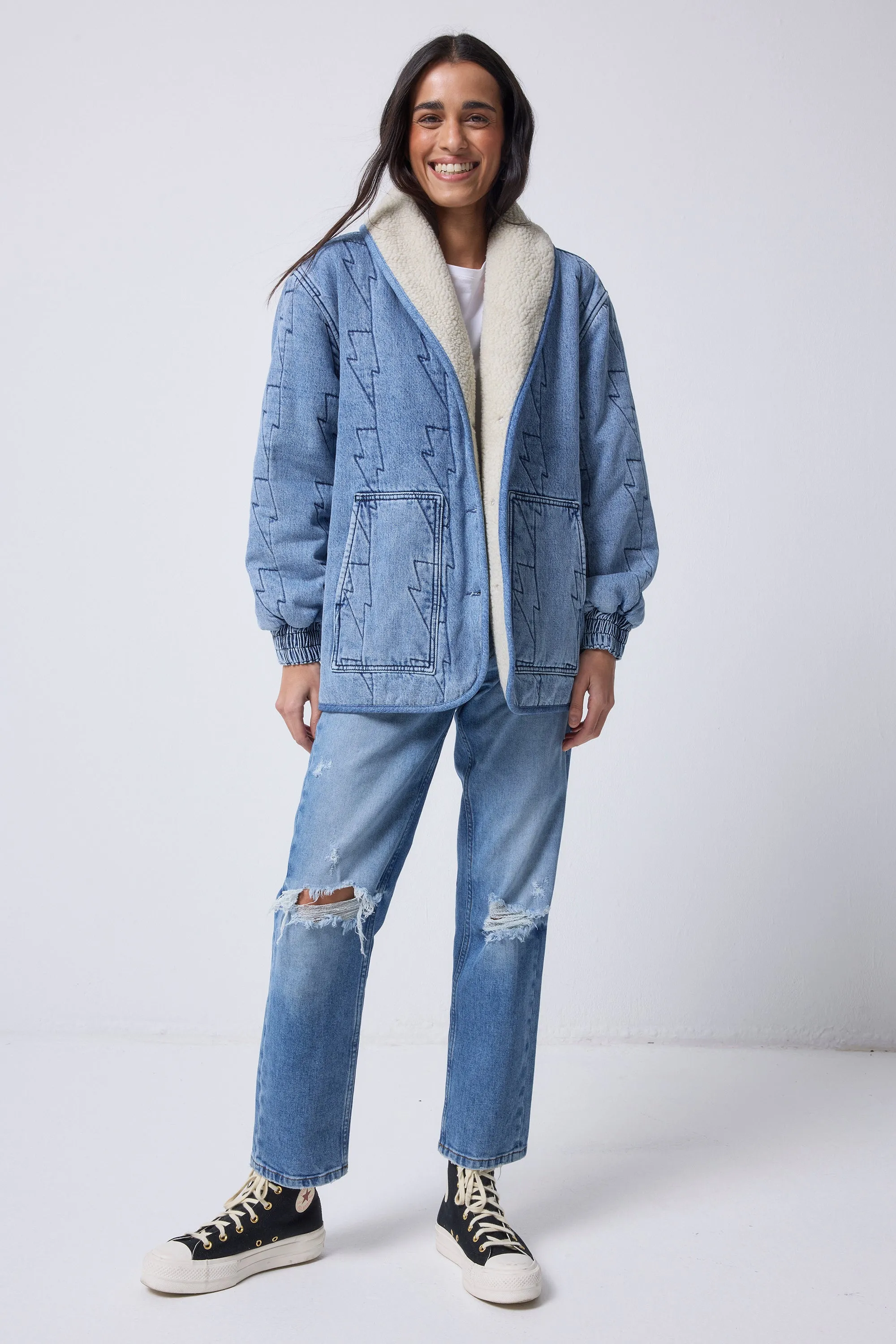 Authentic Indigo Denim with Borg Quilted Bomber Jacket