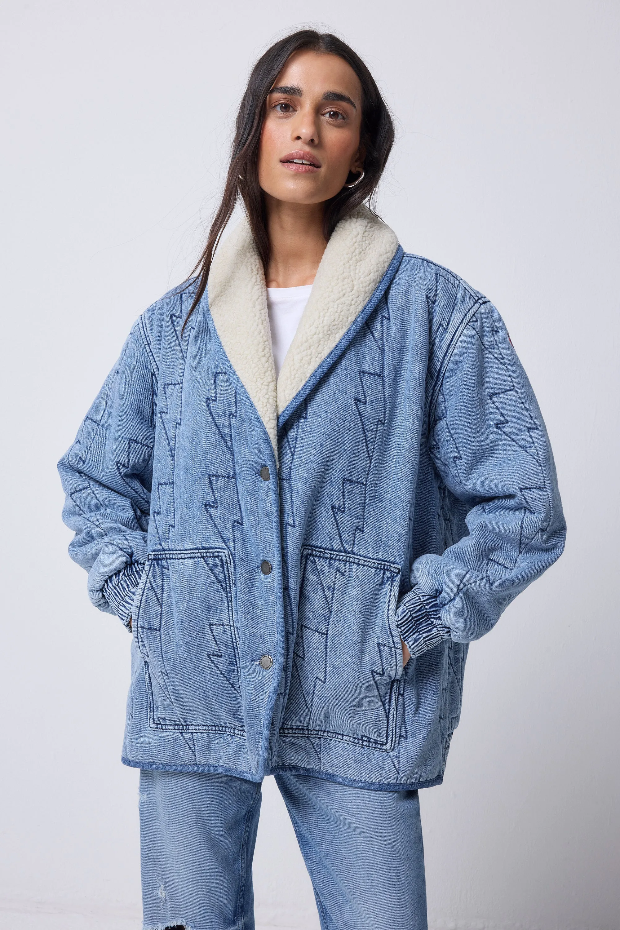 Authentic Indigo Denim with Borg Quilted Bomber Jacket