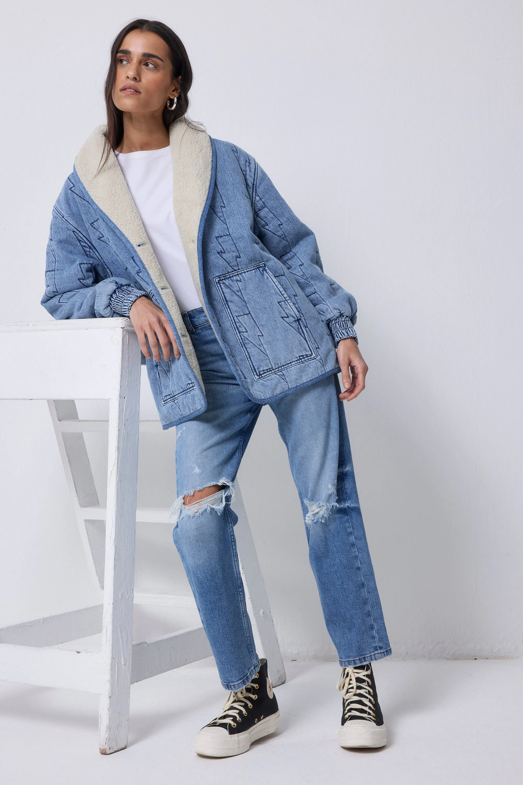 Authentic Indigo Denim with Borg Quilted Bomber Jacket