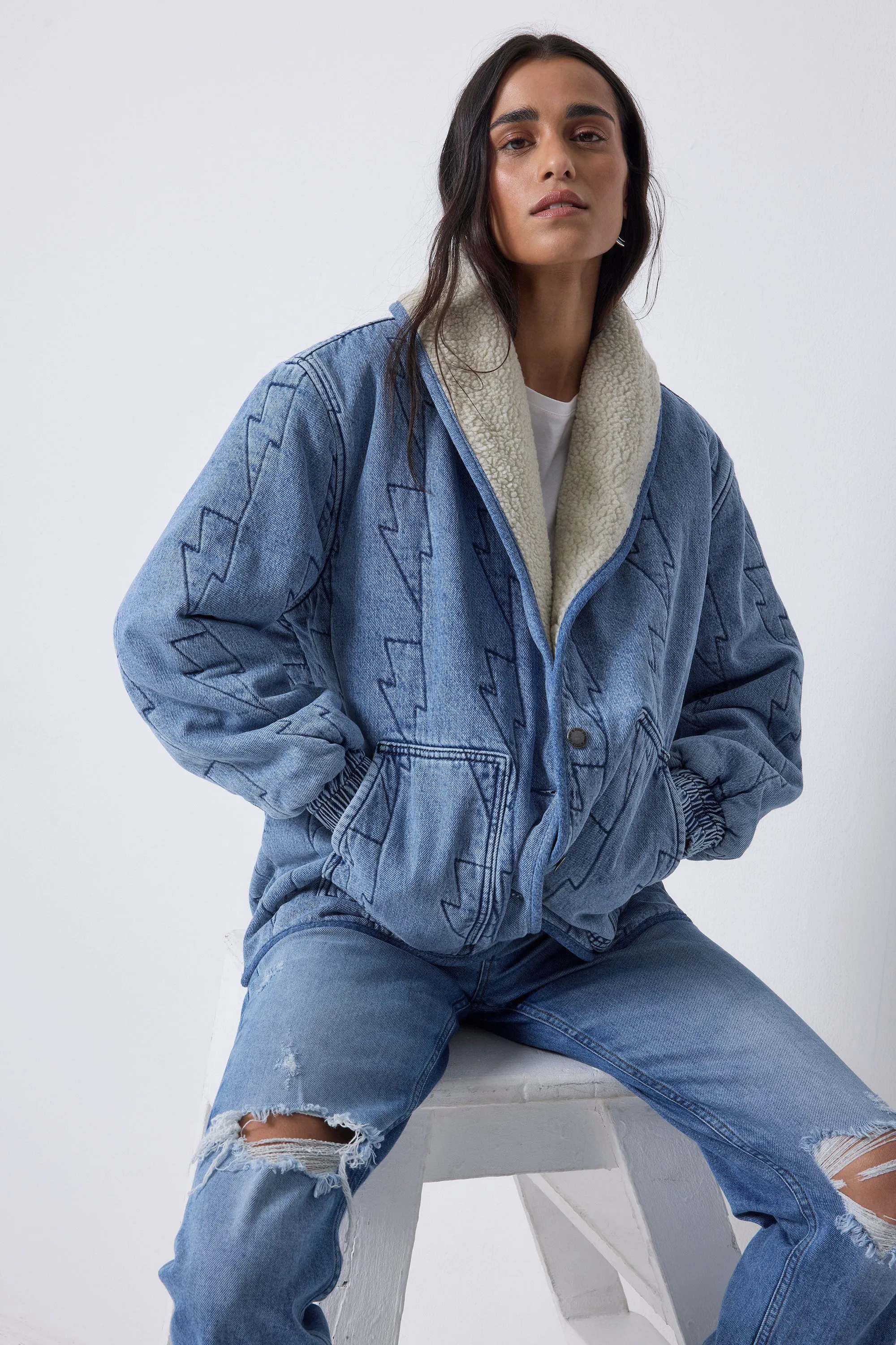 Authentic Indigo Denim with Borg Quilted Bomber Jacket