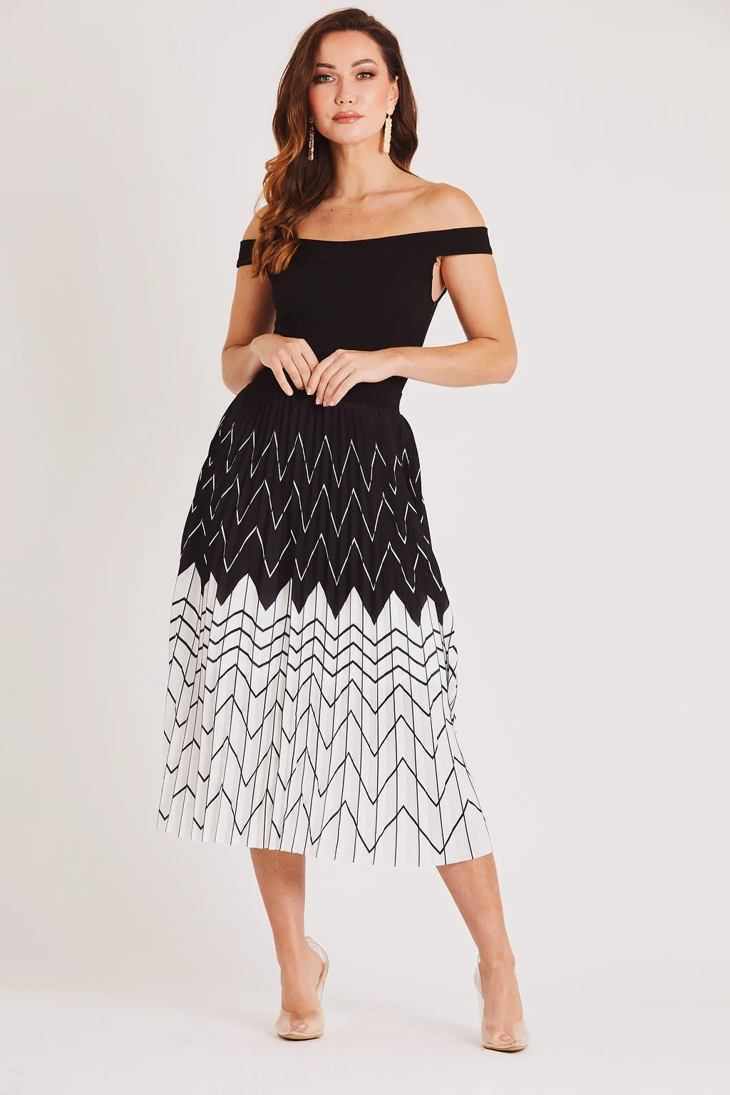 Bardot Pleated Midi Dress in Black and White
