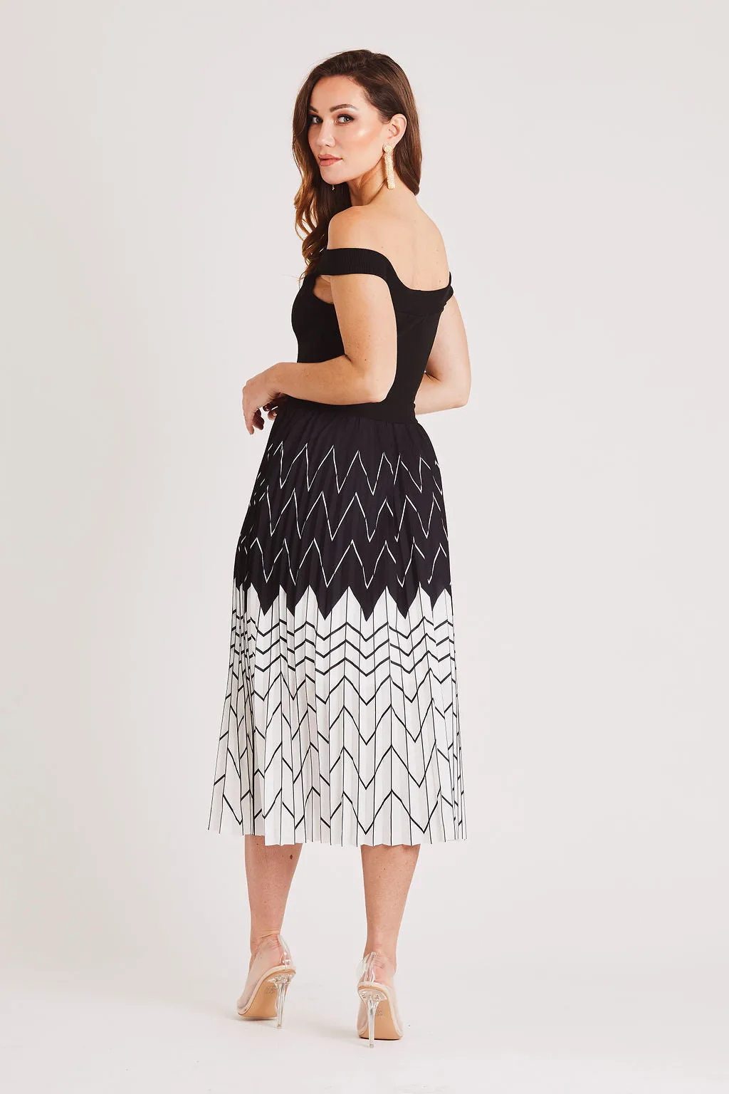 Bardot Pleated Midi Dress in Black and White