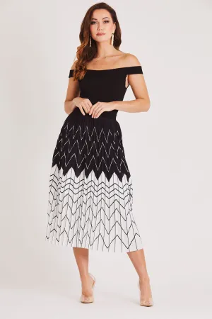 Bardot Pleated Midi Dress in Black and White