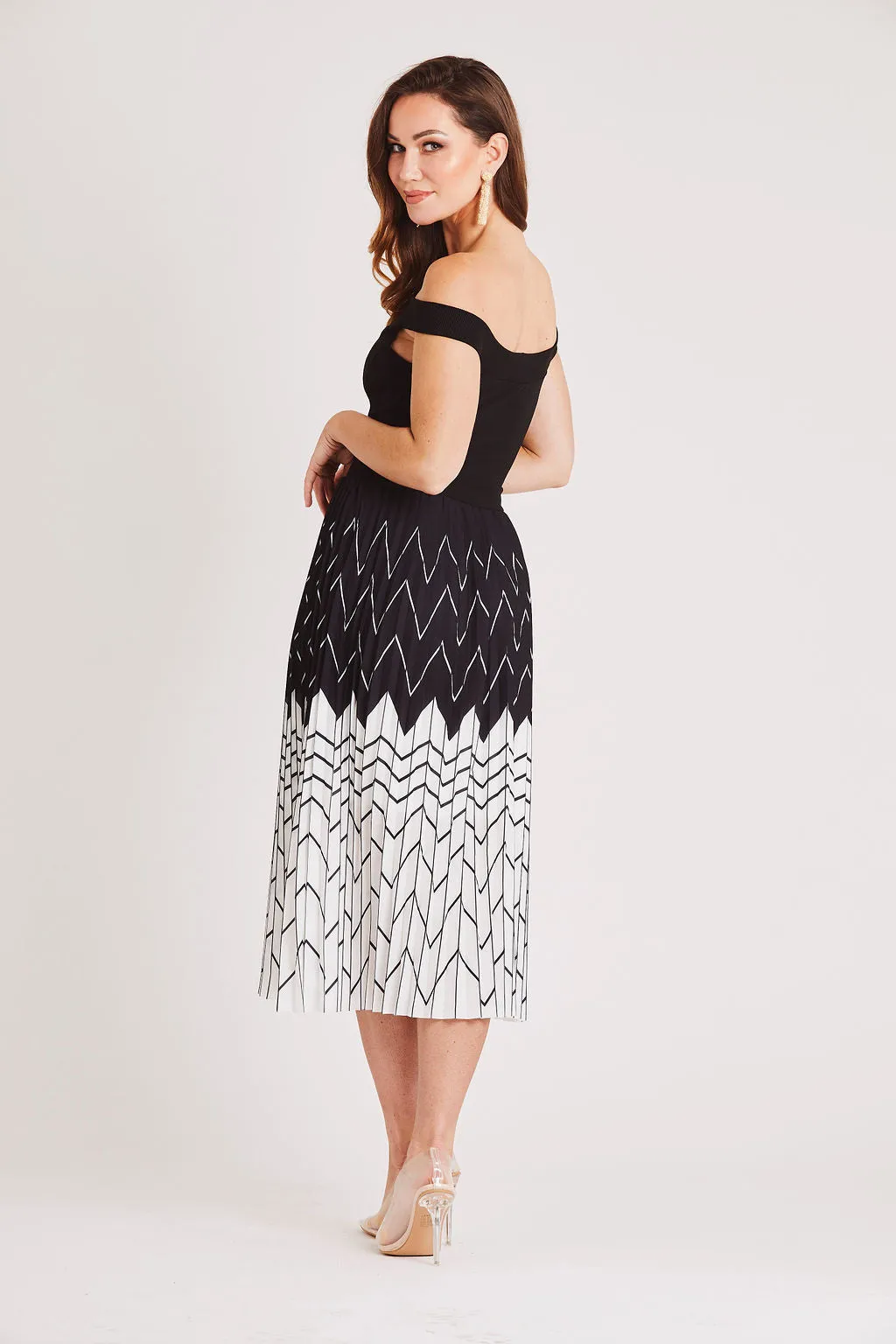 Bardot Pleated Midi Dress in Black and White