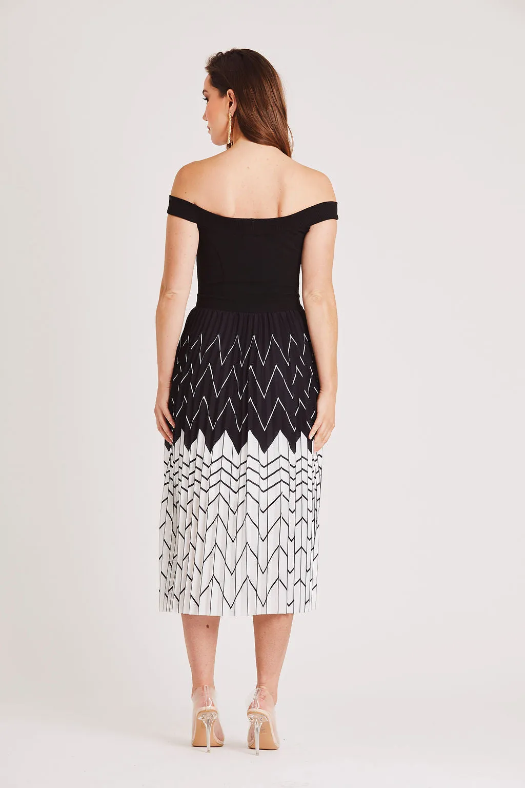 Bardot Pleated Midi Dress in Black and White
