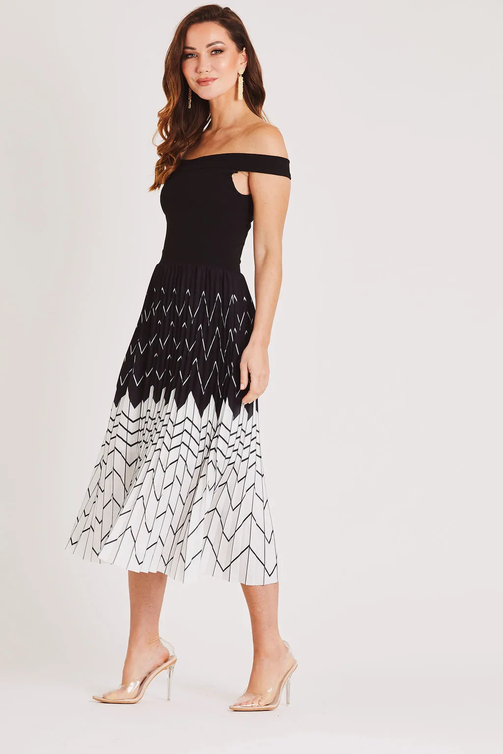 Bardot Pleated Midi Dress in Black and White