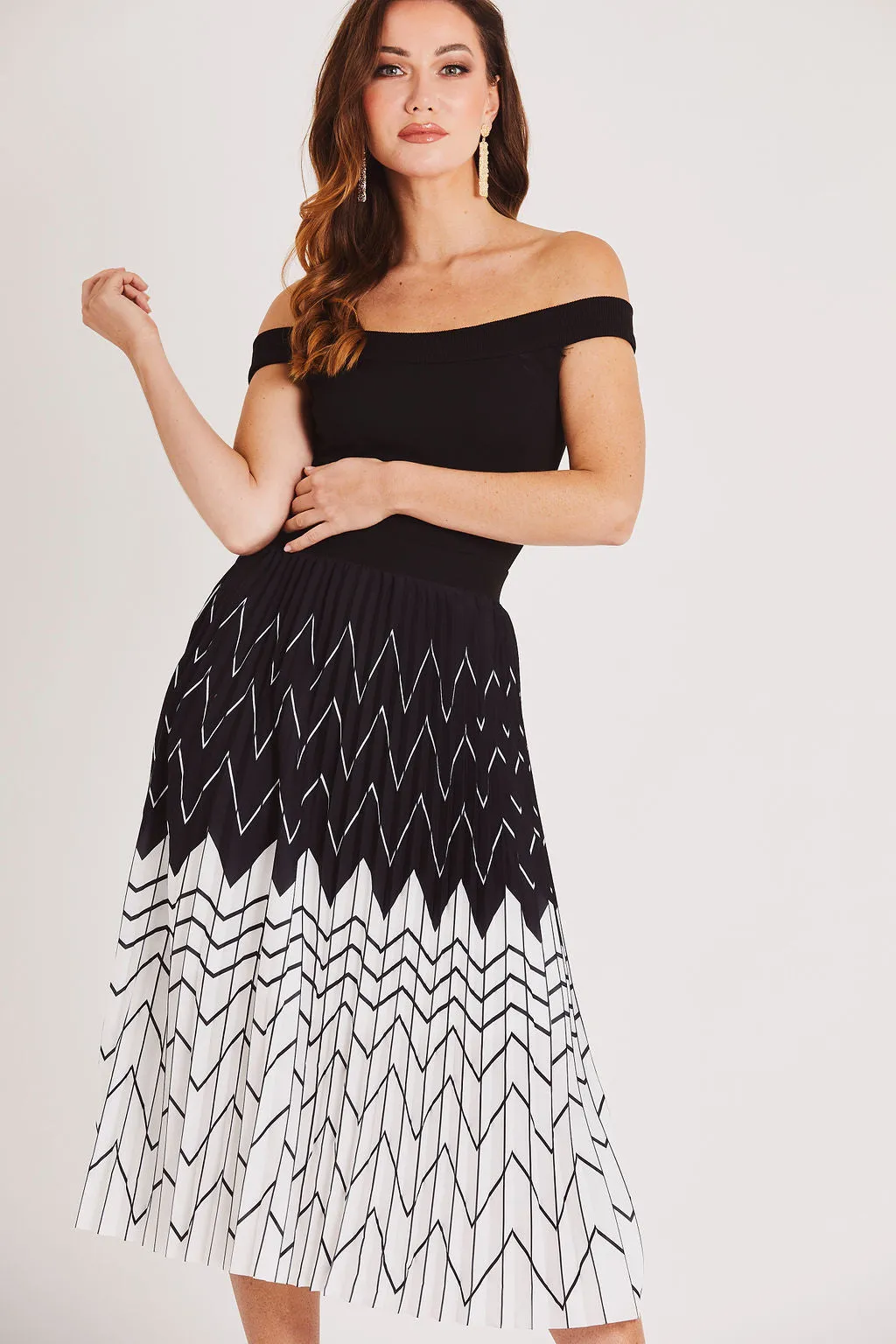 Bardot Pleated Midi Dress in Black and White