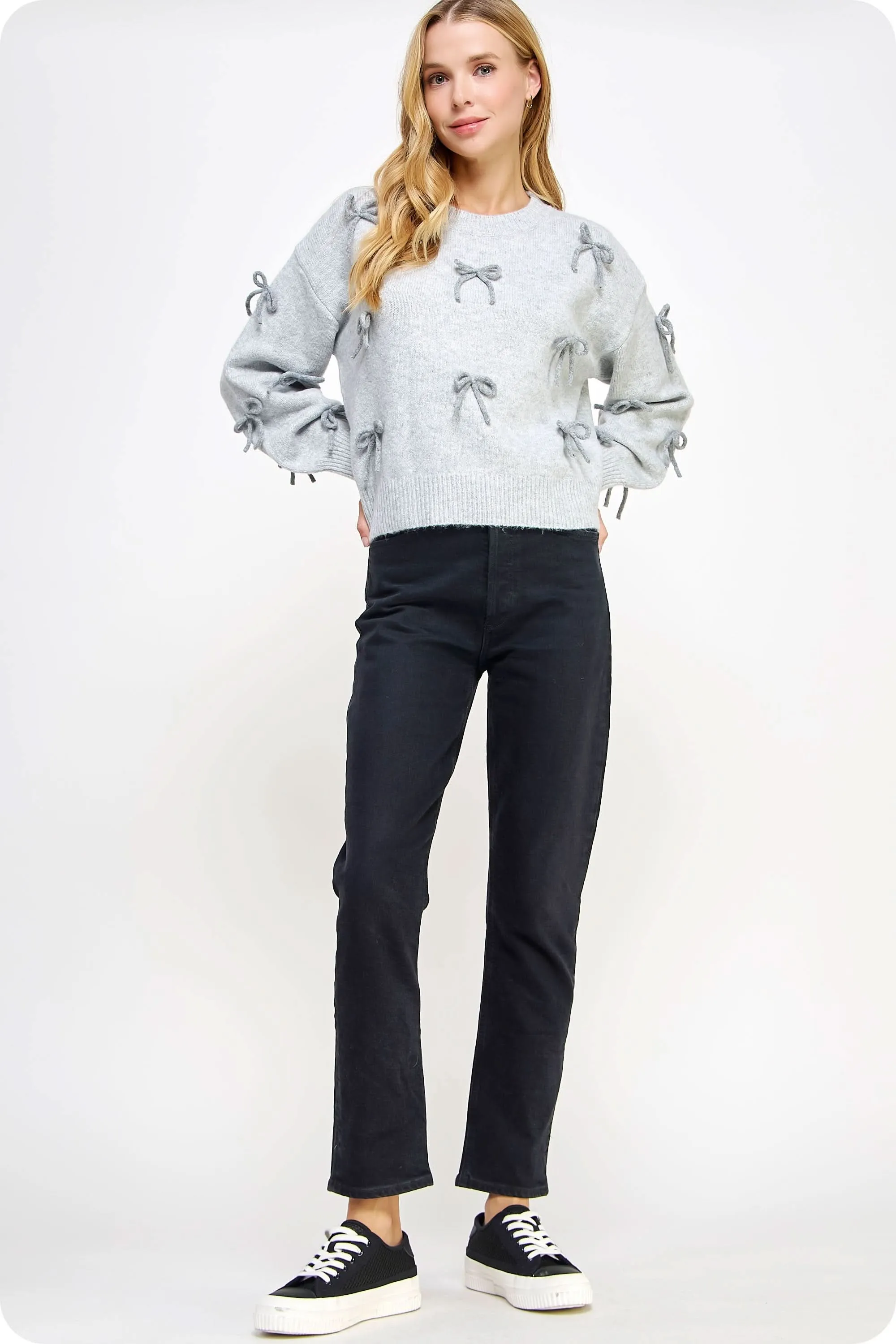 Bow Embellished Sweater-Grey