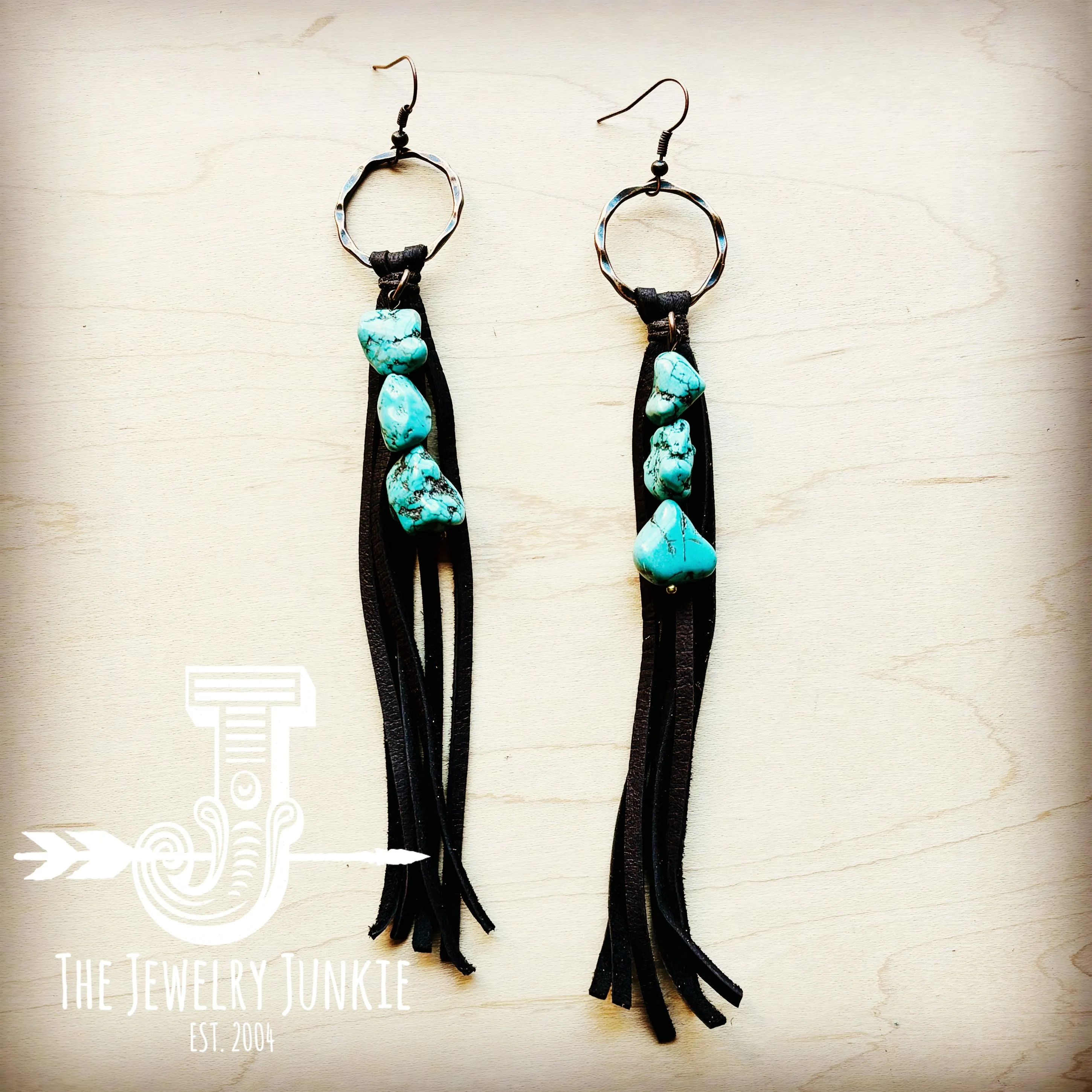 Brown Leather Fringe Earrings with Turquoise Chunks 218p