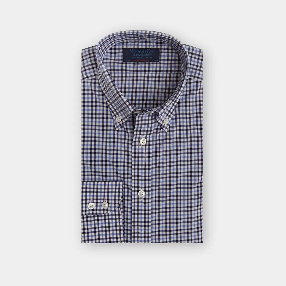 Contemporary Fit, Button Down Collar, 2 Button Cuff Shirt White With Blue & Navy Overcheck Poplin