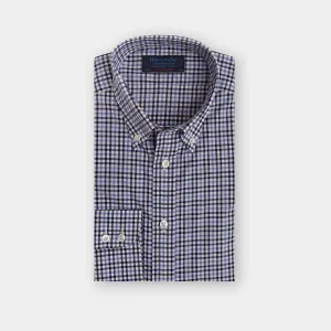 Contemporary Fit, Button Down Collar, 2 Button Cuff Shirt White With Blue & Navy Overcheck Poplin