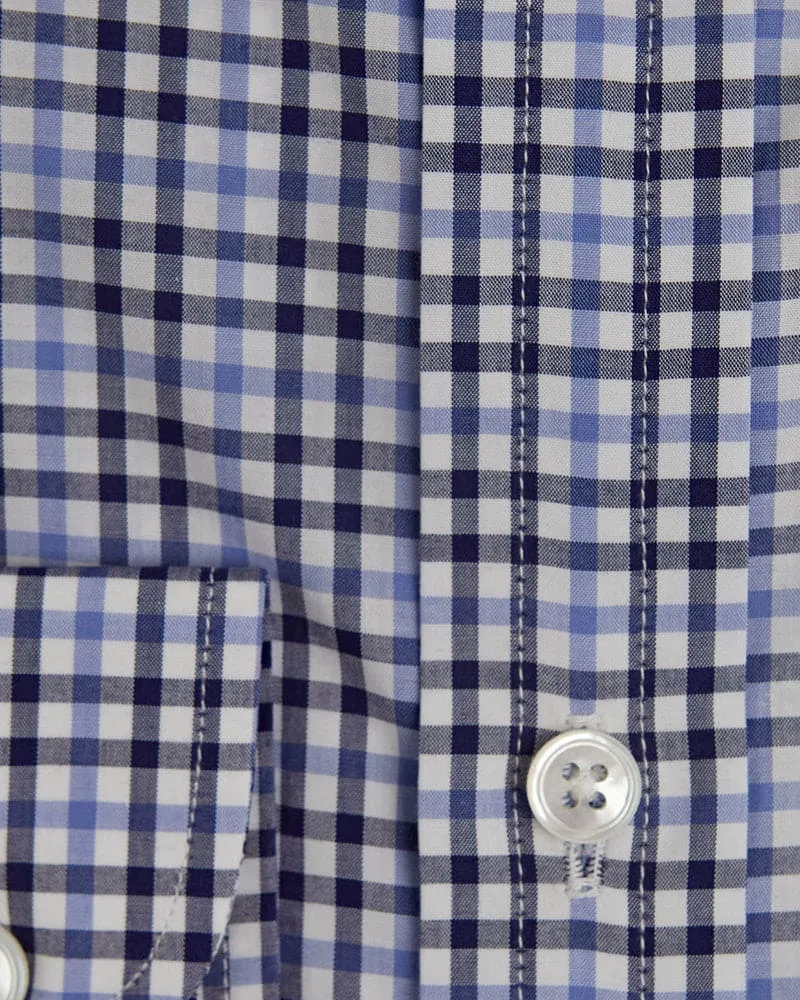 Contemporary Fit, Button Down Collar, 2 Button Cuff Shirt White With Blue & Navy Overcheck Poplin