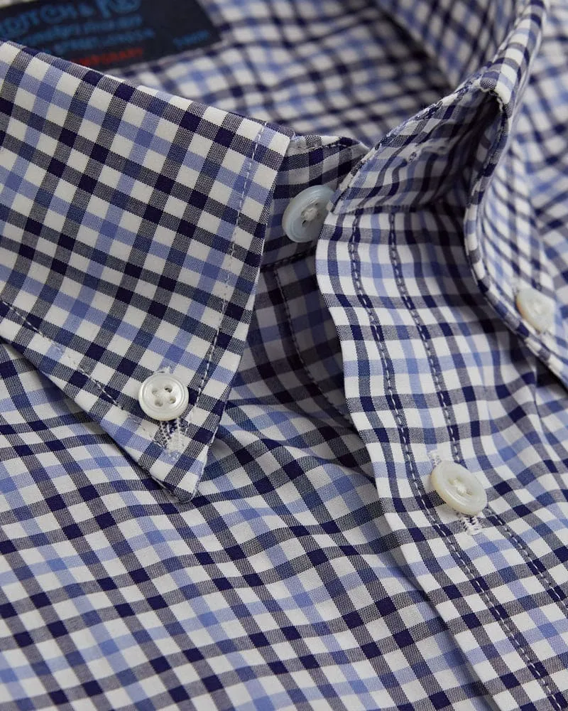 Contemporary Fit, Button Down Collar, 2 Button Cuff Shirt White With Blue & Navy Overcheck Poplin