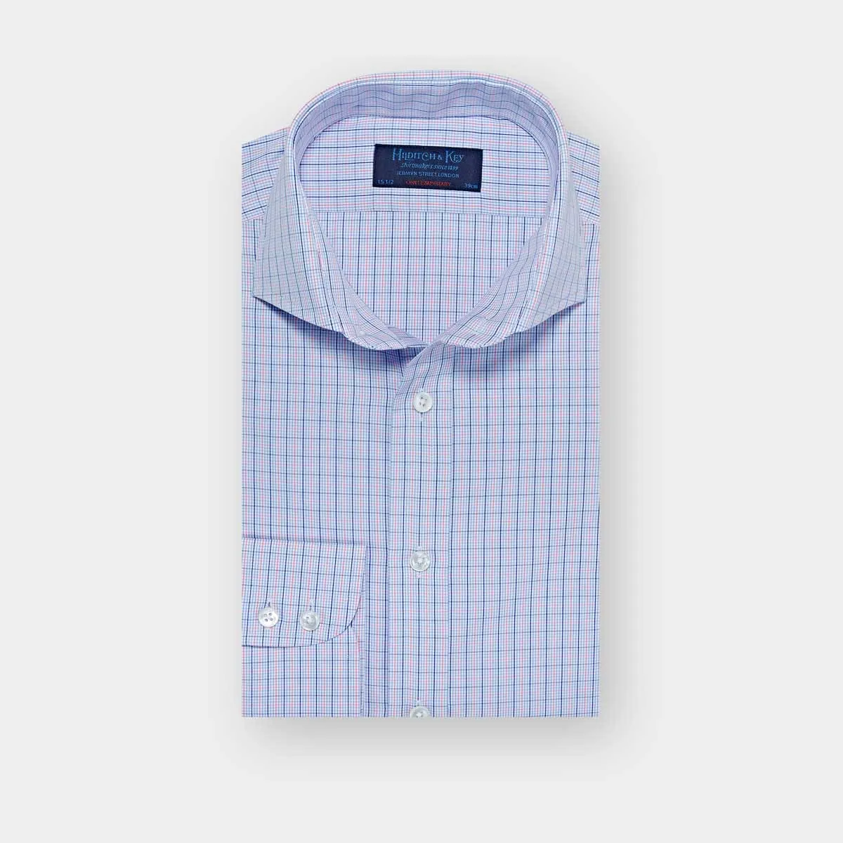Contemporary Fit, Cutaway Collar, 2 Button Cuff Shirt in Pink & Navy Grid Check