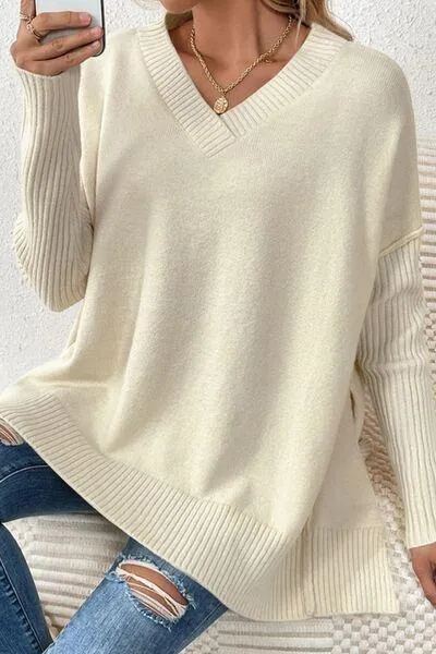 Cozy Lounge V-Neck Dropped Shoulder Sweater