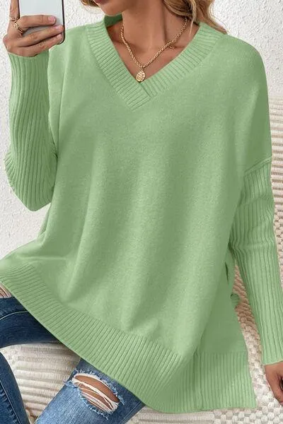 Cozy Lounge V-Neck Dropped Shoulder Sweater