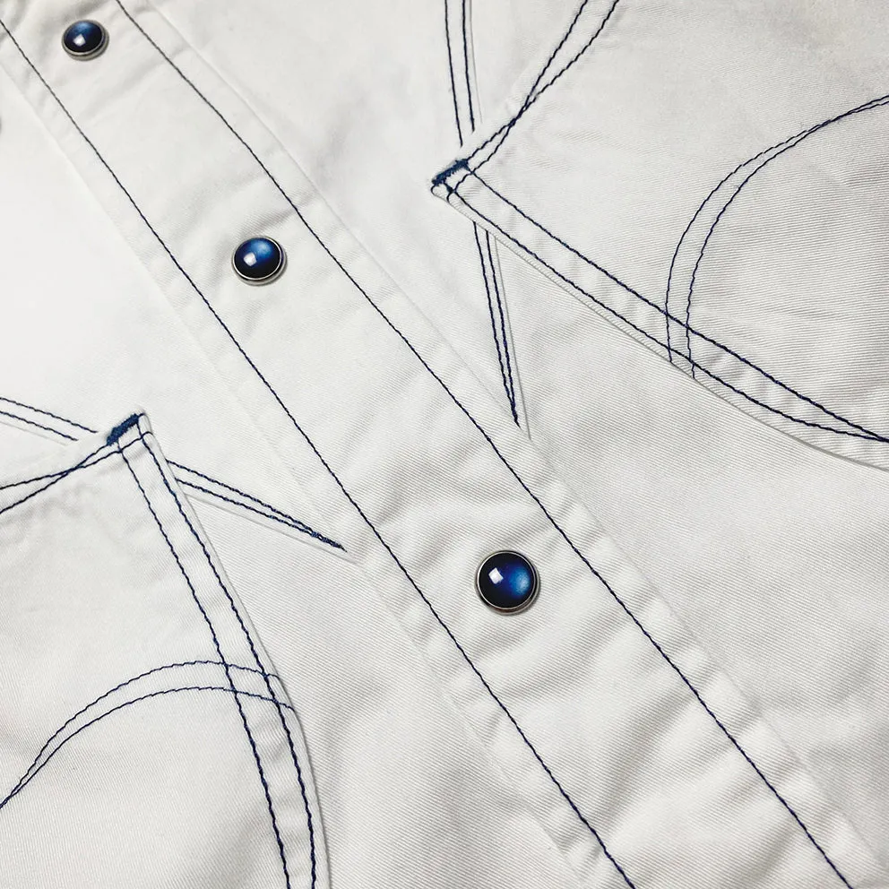DDL 319R-DIABLO LUCKY-WB REGULAR FIT 2 HORSESHOE POCKET WHITE LEFT HAND TWILL WESTERN SHIRT WITH CONTRAST BLUE THREADS STITCHING-E0 WHITE