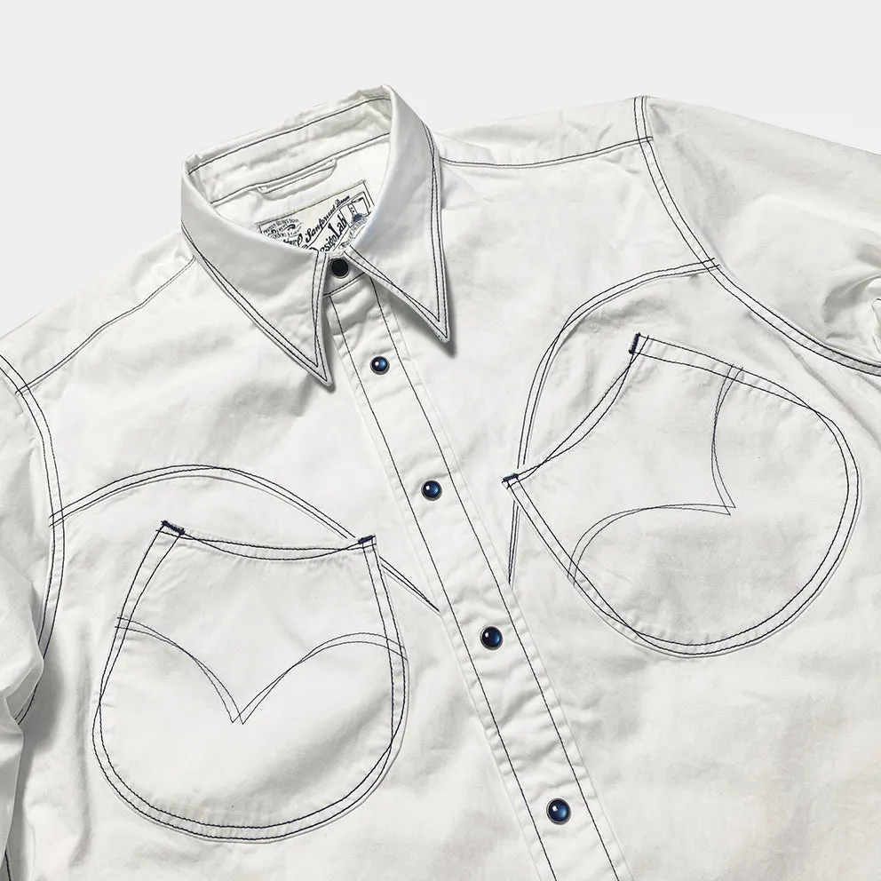 DDL 319R-DIABLO LUCKY-WB REGULAR FIT 2 HORSESHOE POCKET WHITE LEFT HAND TWILL WESTERN SHIRT WITH CONTRAST BLUE THREADS STITCHING-E0 WHITE