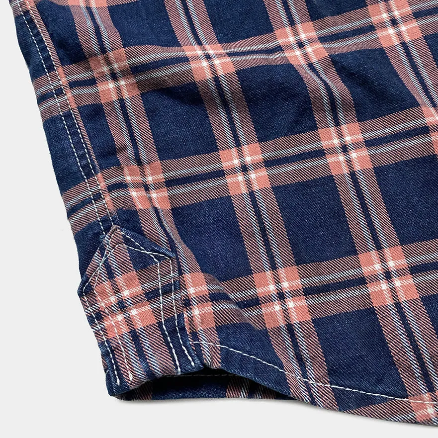 DDL 323RR-DEL TORO SWT-CRB REGULAR FIT 2 POCKET SAWTOOTH SHORT SLEEVE WESTERN INDIGO CHECK SHIRT-6.5OZ-E3 INDIGO