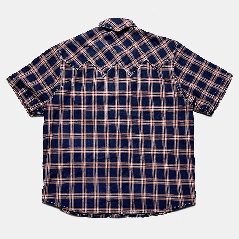 DDL 323RR-DEL TORO SWT-CRB REGULAR FIT 2 POCKET SAWTOOTH SHORT SLEEVE WESTERN INDIGO CHECK SHIRT-6.5OZ-E3 INDIGO