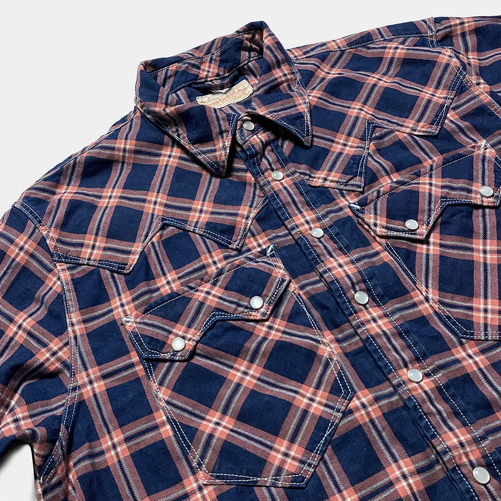 DDL 323RR-DEL TORO SWT-CRB REGULAR FIT 2 POCKET SAWTOOTH SHORT SLEEVE WESTERN INDIGO CHECK SHIRT-6.5OZ-E3 INDIGO