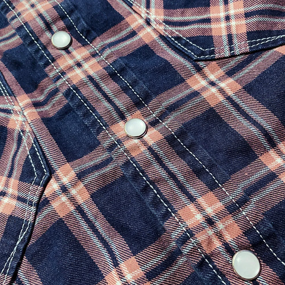 DDL 323RR-DEL TORO SWT-CRB REGULAR FIT 2 POCKET SAWTOOTH SHORT SLEEVE WESTERN INDIGO CHECK SHIRT-6.5OZ-E3 INDIGO