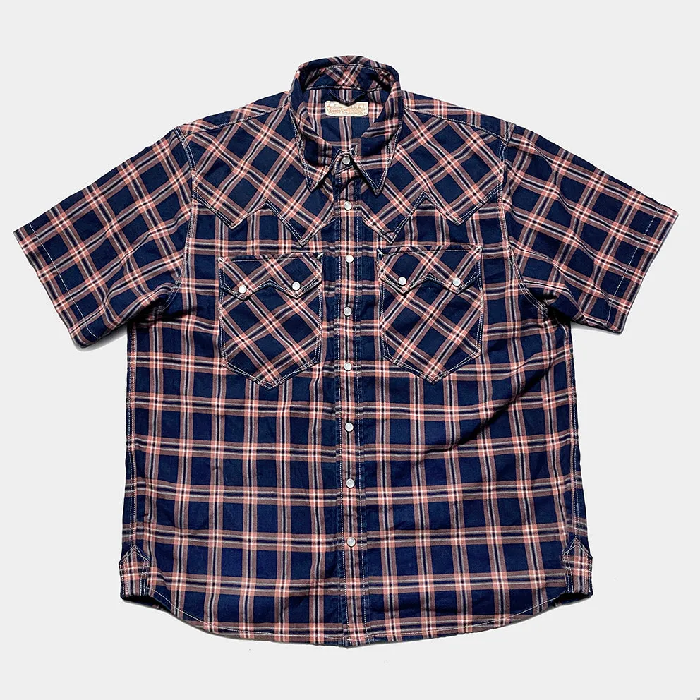 DDL 323RR-DEL TORO SWT-CRB REGULAR FIT 2 POCKET SAWTOOTH SHORT SLEEVE WESTERN INDIGO CHECK SHIRT-6.5OZ-E3 INDIGO