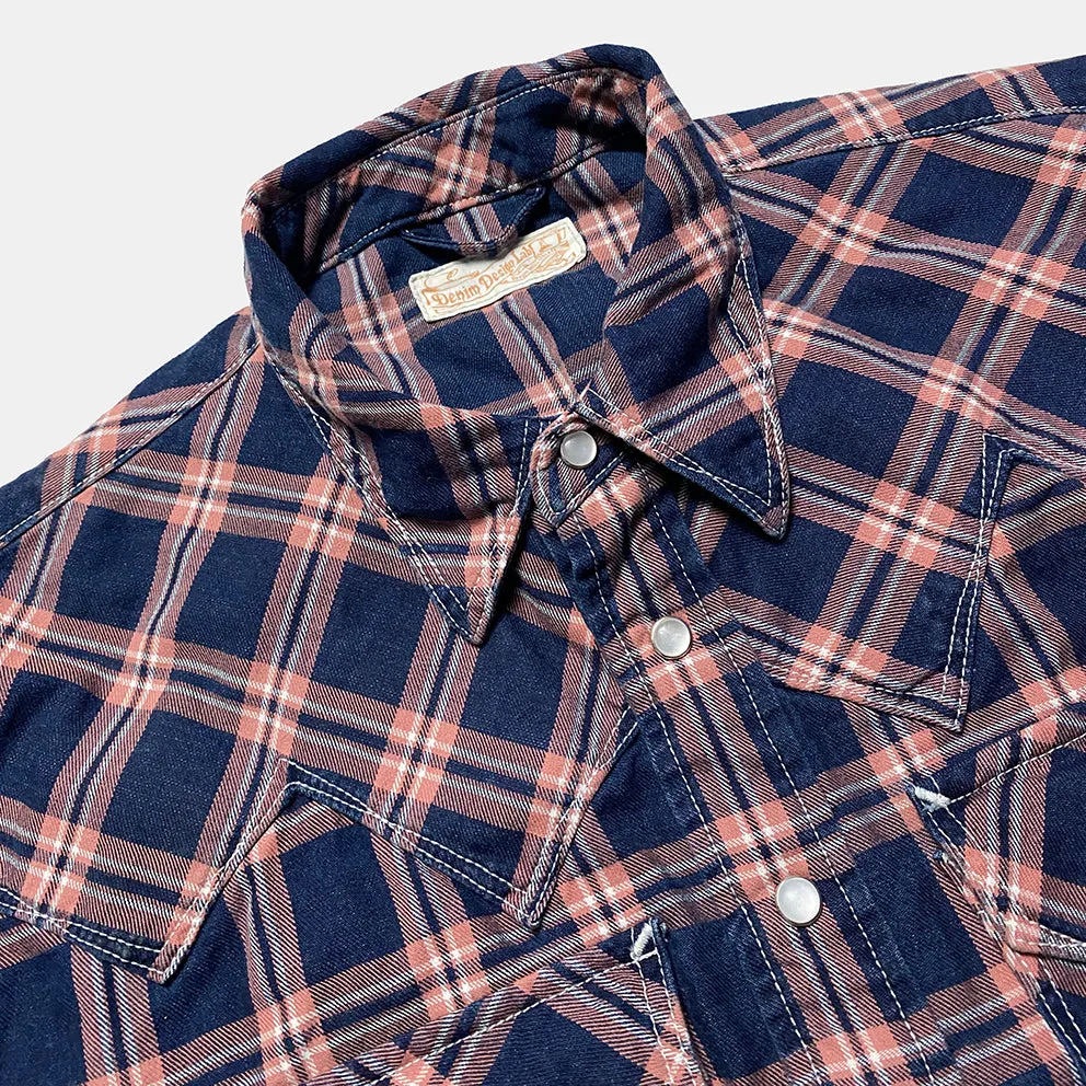 DDL 323RR-DEL TORO SWT-CRB REGULAR FIT 2 POCKET SAWTOOTH SHORT SLEEVE WESTERN INDIGO CHECK SHIRT-6.5OZ-E3 INDIGO