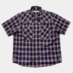DDL 323RR-DEL TORO SWT-CRB REGULAR FIT 2 POCKET SAWTOOTH SHORT SLEEVE WESTERN INDIGO CHECK SHIRT-6.5OZ-E3 INDIGO