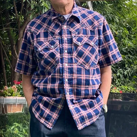 DDL 323RR-DEL TORO SWT-CRB REGULAR FIT 2 POCKET SAWTOOTH SHORT SLEEVE WESTERN INDIGO CHECK SHIRT-6.5OZ-E3 INDIGO