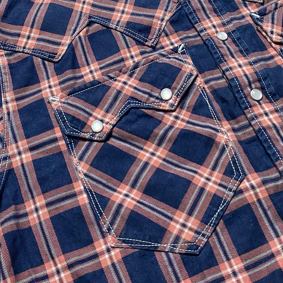 DDL 323RR-DEL TORO SWT-CRB REGULAR FIT 2 POCKET SAWTOOTH SHORT SLEEVE WESTERN INDIGO CHECK SHIRT-6.5OZ-E3 INDIGO