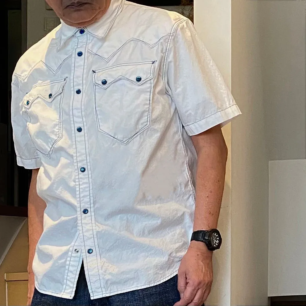 DDL 323RR-DEL TORO SWT-WB REGULAR FIT 2 POCKET SAWTOOTH SHORT SLEEVE WESTERN CONTRASTING BLUE STITCH SHIRT-E0 WHITE