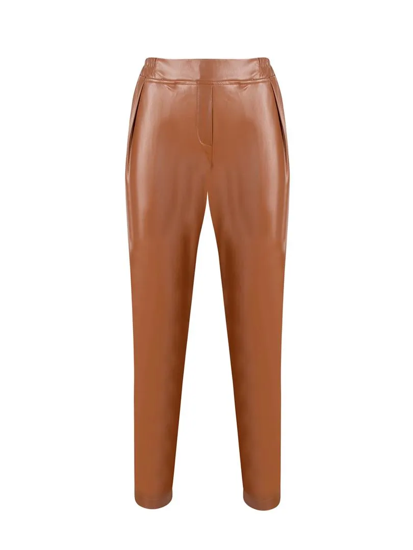 Elastic Waist Pleated Vegan Leather Trousers - Tan