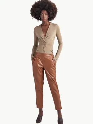 Elastic Waist Pleated Vegan Leather Trousers - Tan