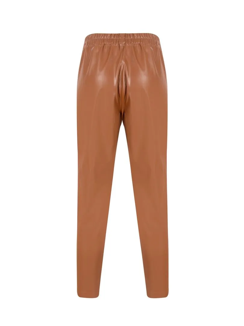 Elastic Waist Pleated Vegan Leather Trousers - Tan