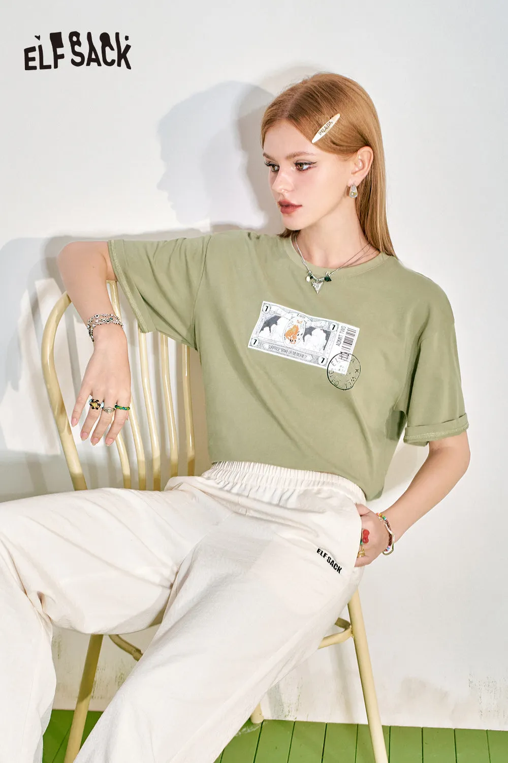ELFSACK 2024 Summer New Loose Short sleeved T-shirt Slim and Casual Versatile Basic Top