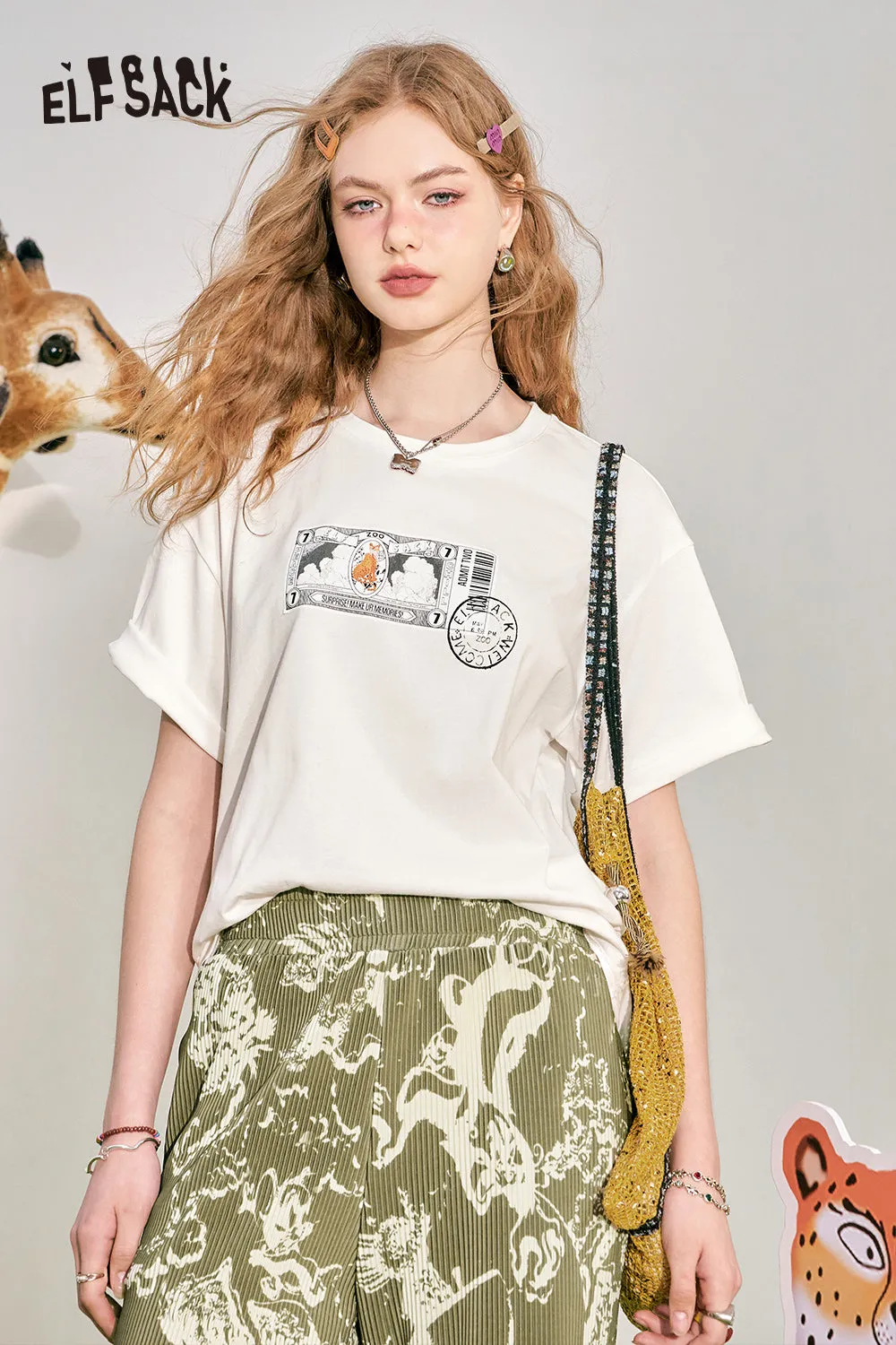 ELFSACK 2024 Summer New Loose Short sleeved T-shirt Slim and Casual Versatile Basic Top